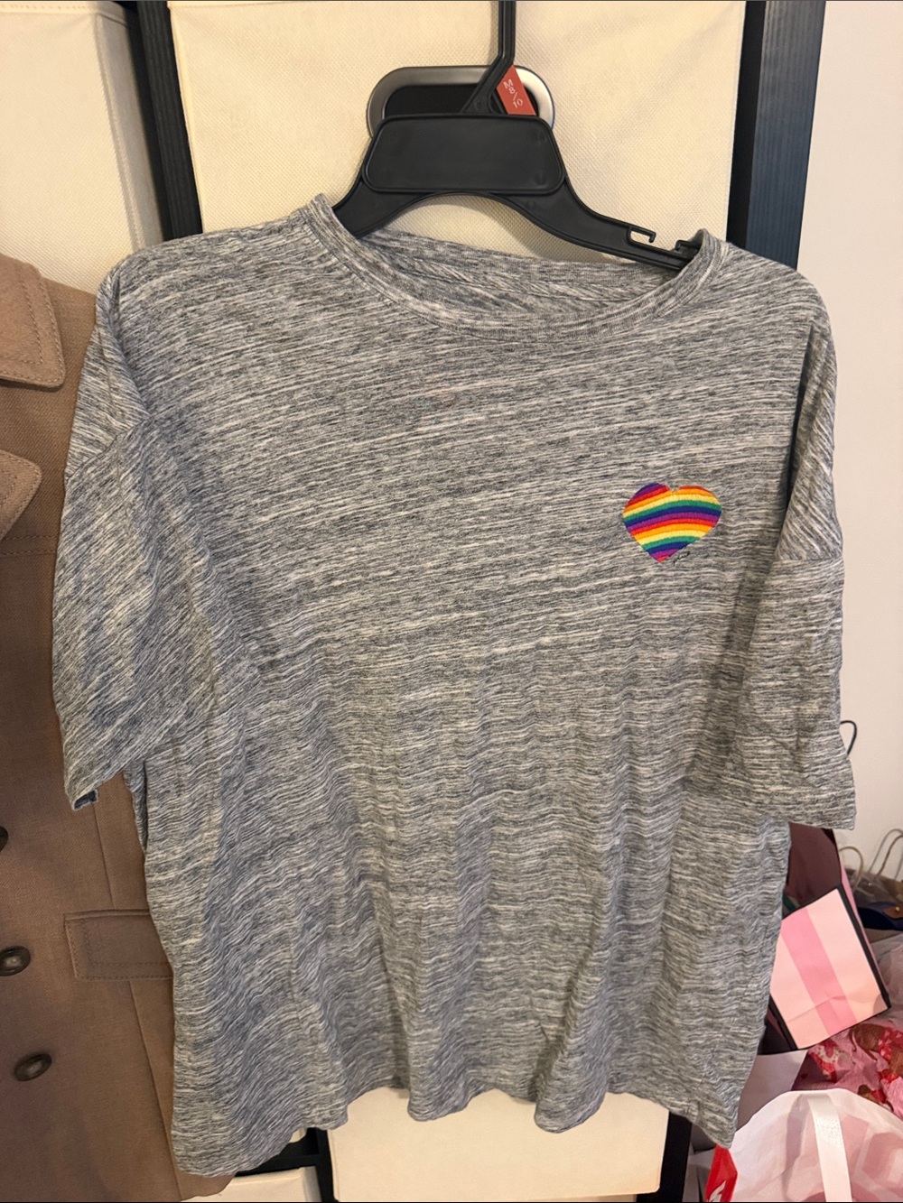 Victoria secret pink Grey Heather Short-Sleeve T-Shirt with Rainbow Heart